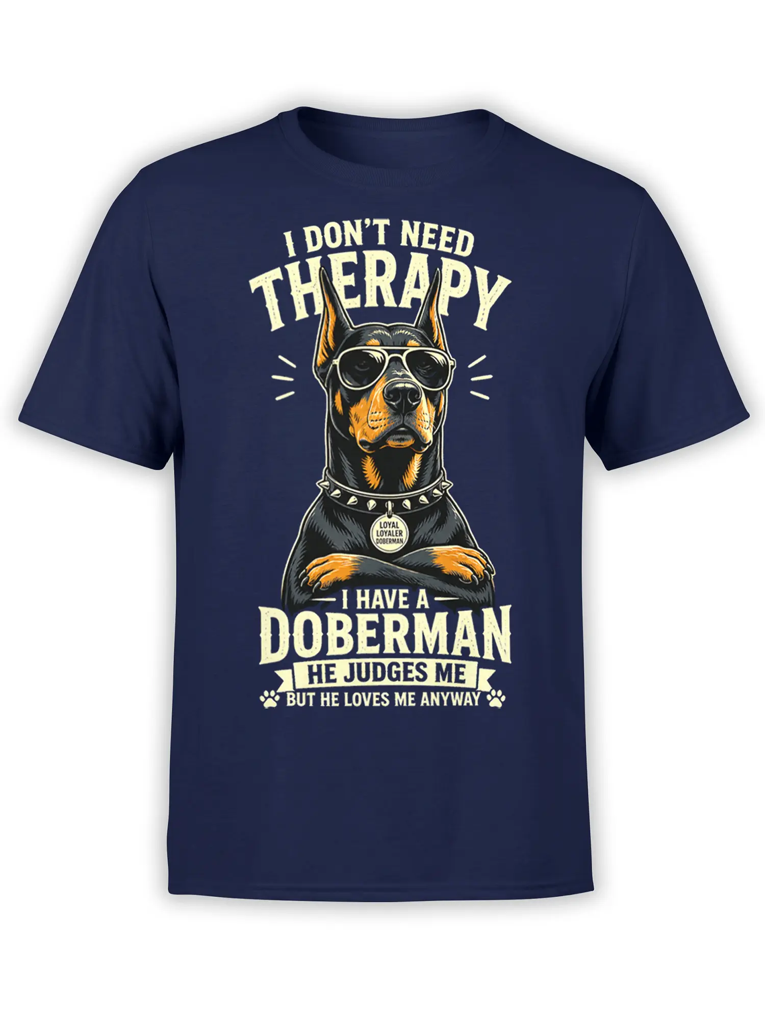Vintage Doberman dog graphic with sunglasses and humorous “I have a Doberman” text on a navy shirt