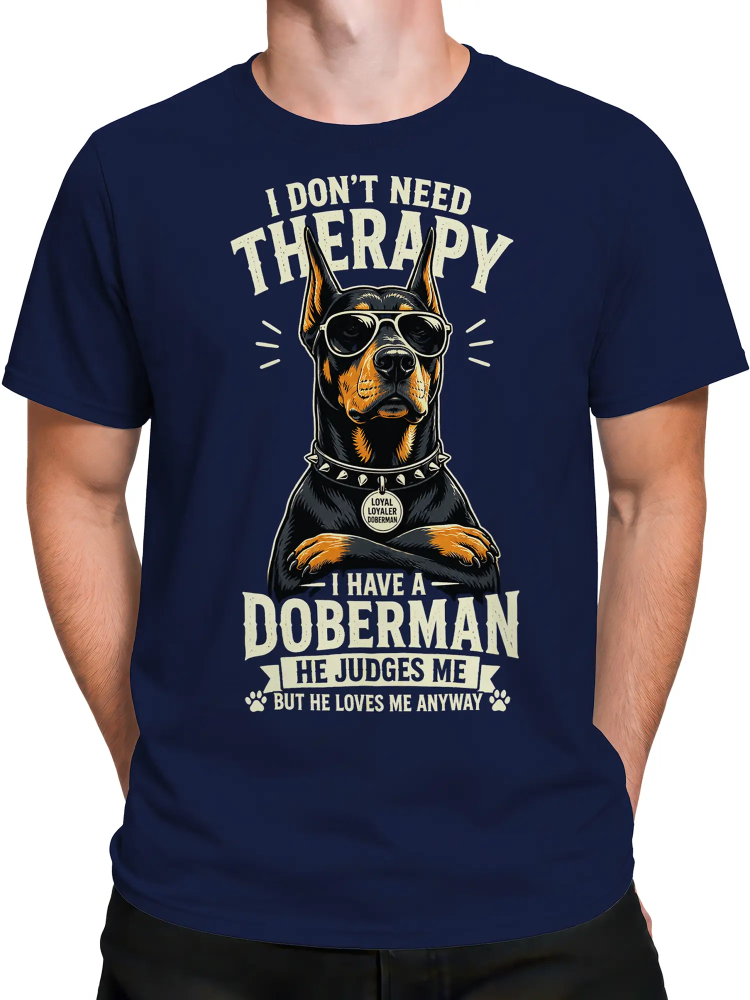 Male torso wearing a navy Doberman T-shirt with sunglasses, spiked collar, and funny dog lettering