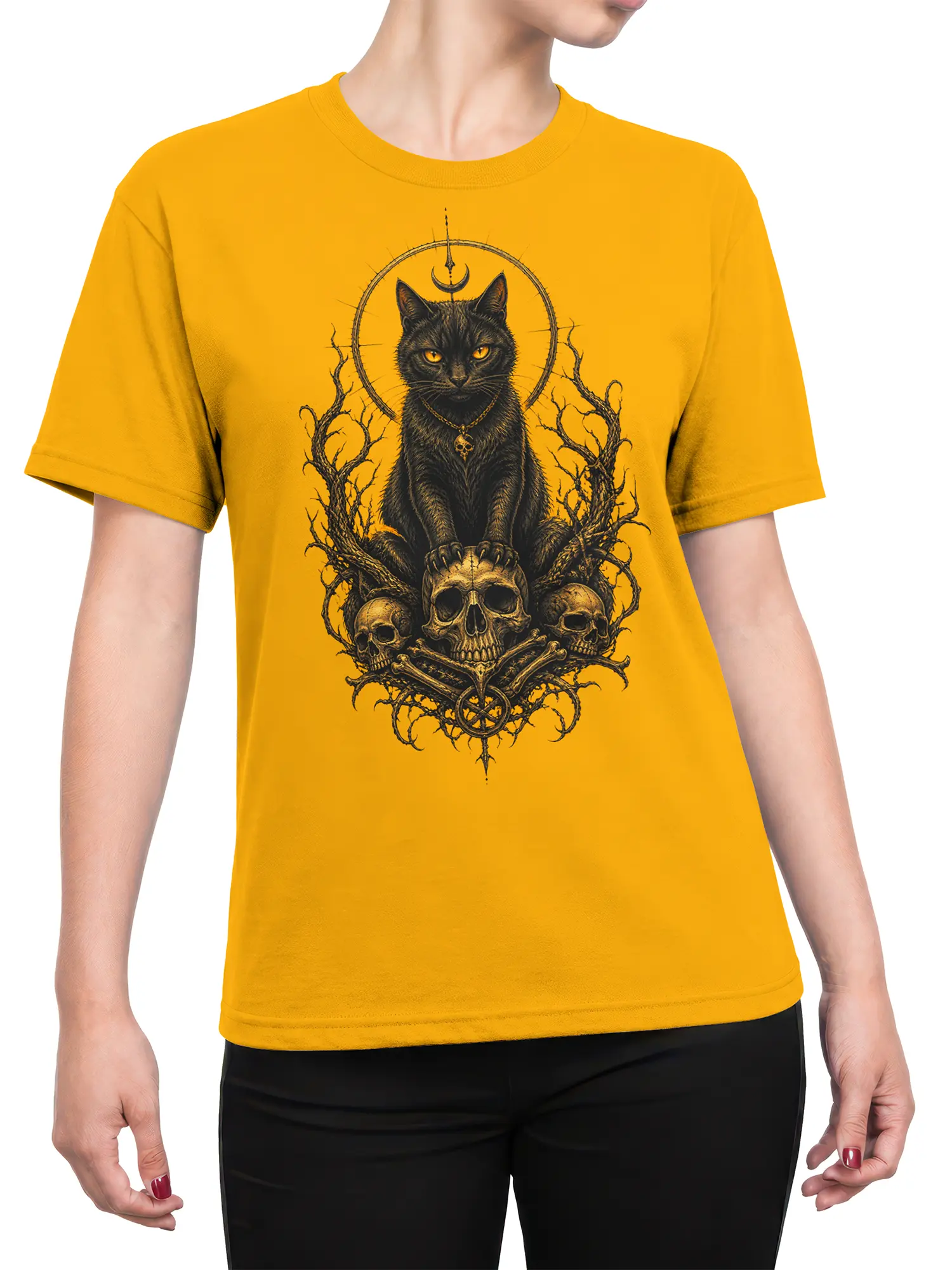 Female torso wearing a yellow T-shirt with a gothic black cat, crescent moon, branches, and skull graphic