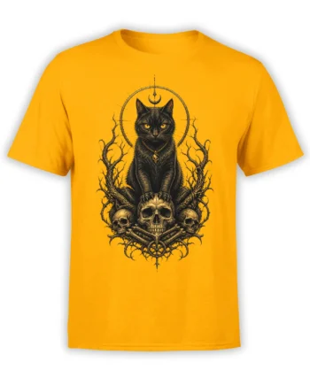 Gothic black cat with a crescent moon, twisted branches, and skulls printed on a yellow T-shirt
