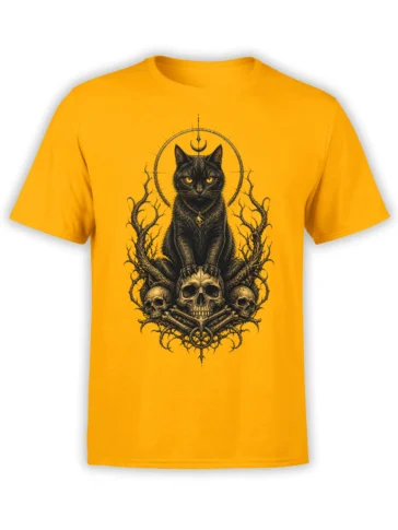 Gothic black cat with a crescent moon, twisted branches, and skulls printed on a yellow T-shirt