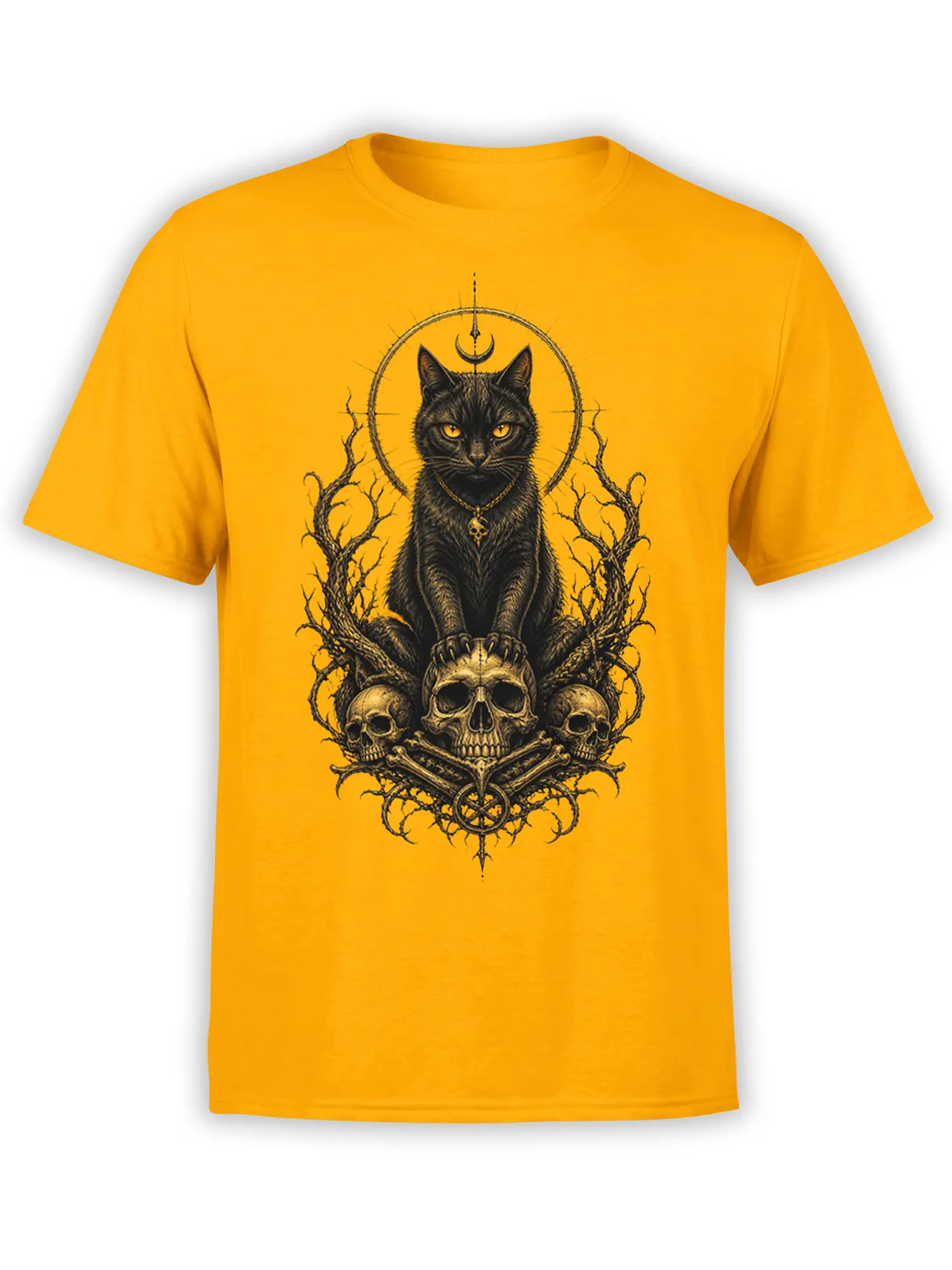 Gothic black cat with a crescent moon, twisted branches, and skulls printed on a yellow T-shirt