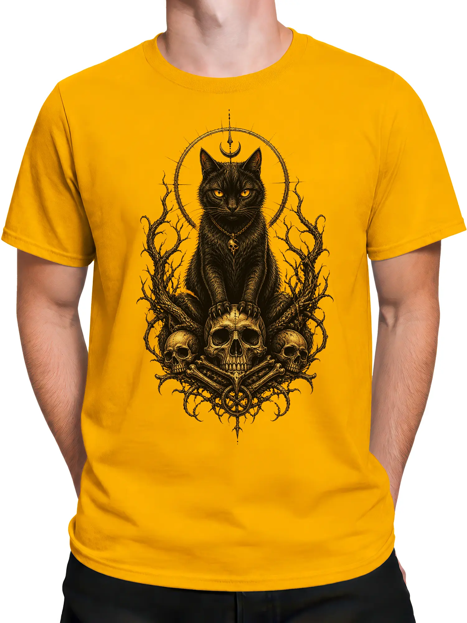 Male torso wearing a yellow T-shirt with a gothic black cat, crescent moon, branches, and skull graphic
