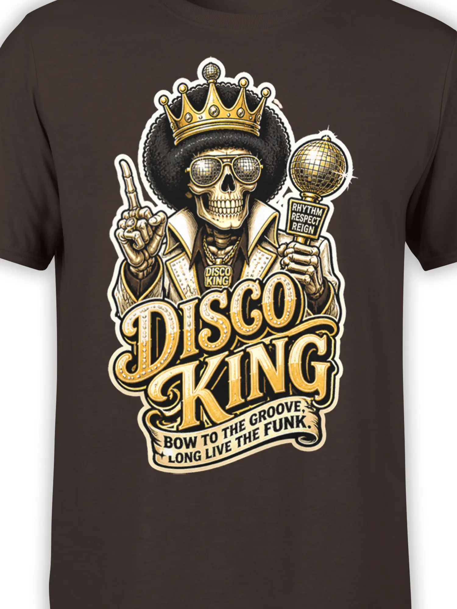 Close-up of crowned skull disco artwork with gold shades, mirror ball, and Rhythm Respect Reign text