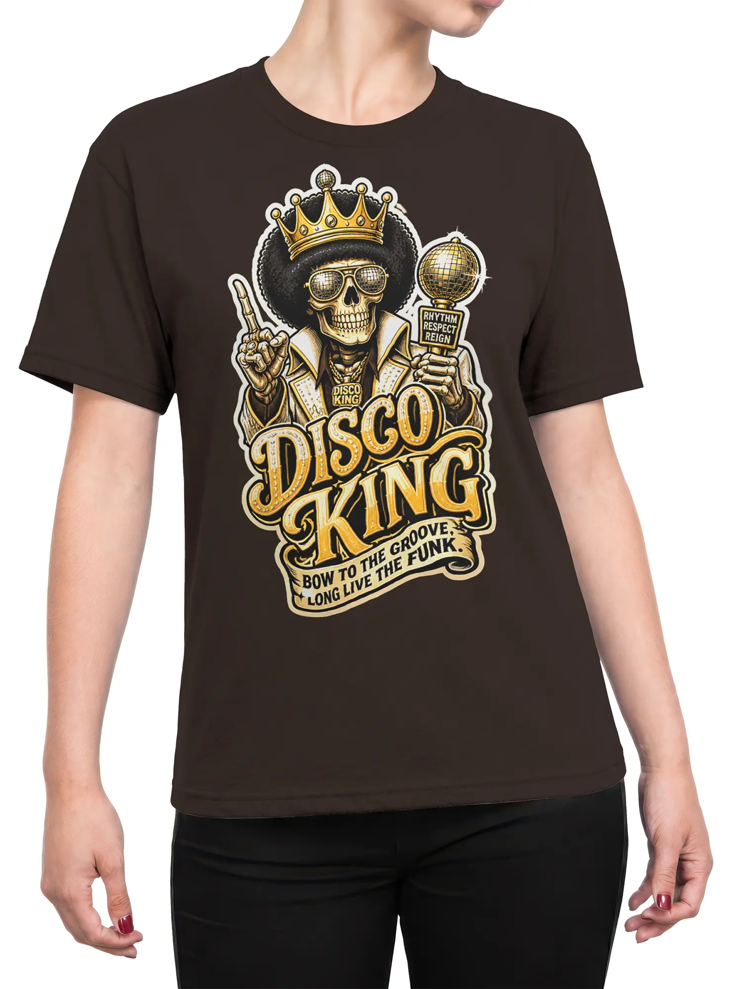 Female torso wearing a brown crowned skull disco T-shirt with gold artwork and bold Disco King lettering