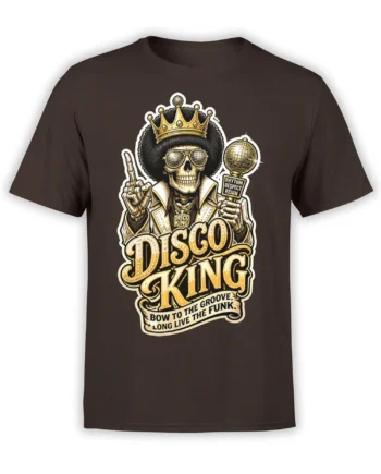 Brown T-shirt with a crowned skull in gold sunglasses, a mirror ball, and bold Disco King funk lettering