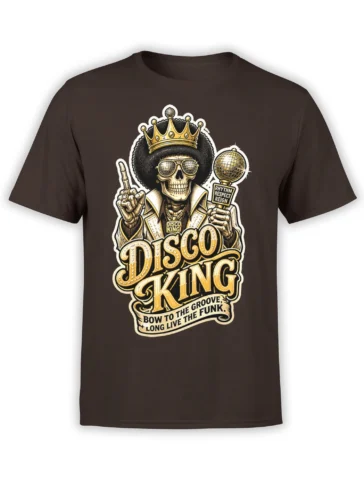 Brown T-shirt with a crowned skull in gold sunglasses, a mirror ball, and bold Disco King funk lettering