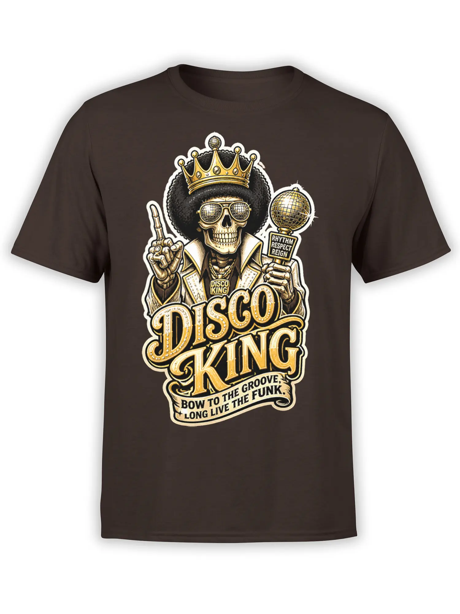 Brown T-shirt with a crowned skull in gold sunglasses, a mirror ball, and bold Disco King funk lettering