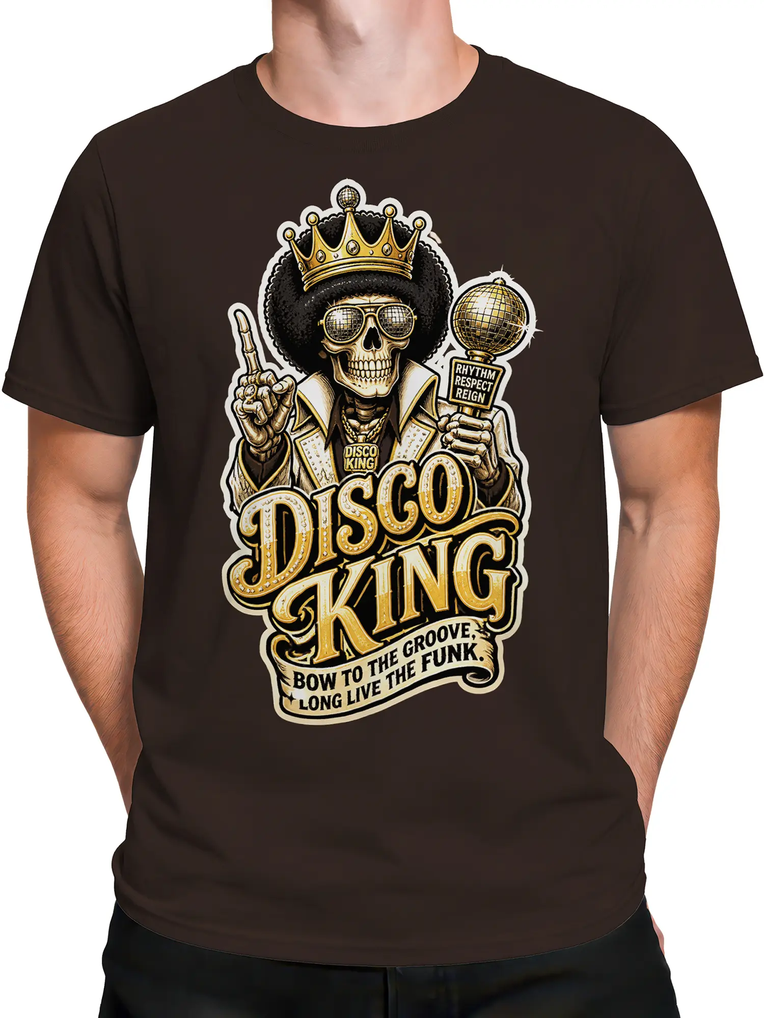 Male torso wearing a brown disco skull T-shirt with crown, mirror ball, and vintage gold lettering