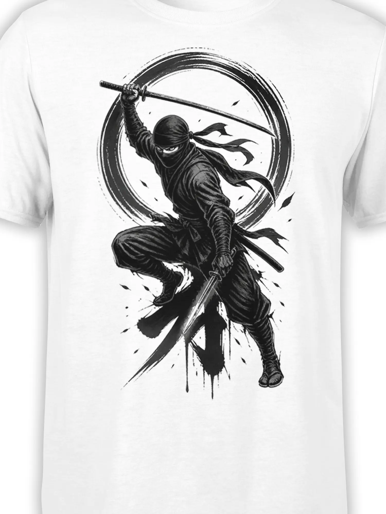 Close-up of the masked ninja and twin swords in black ink on a white T-shirt