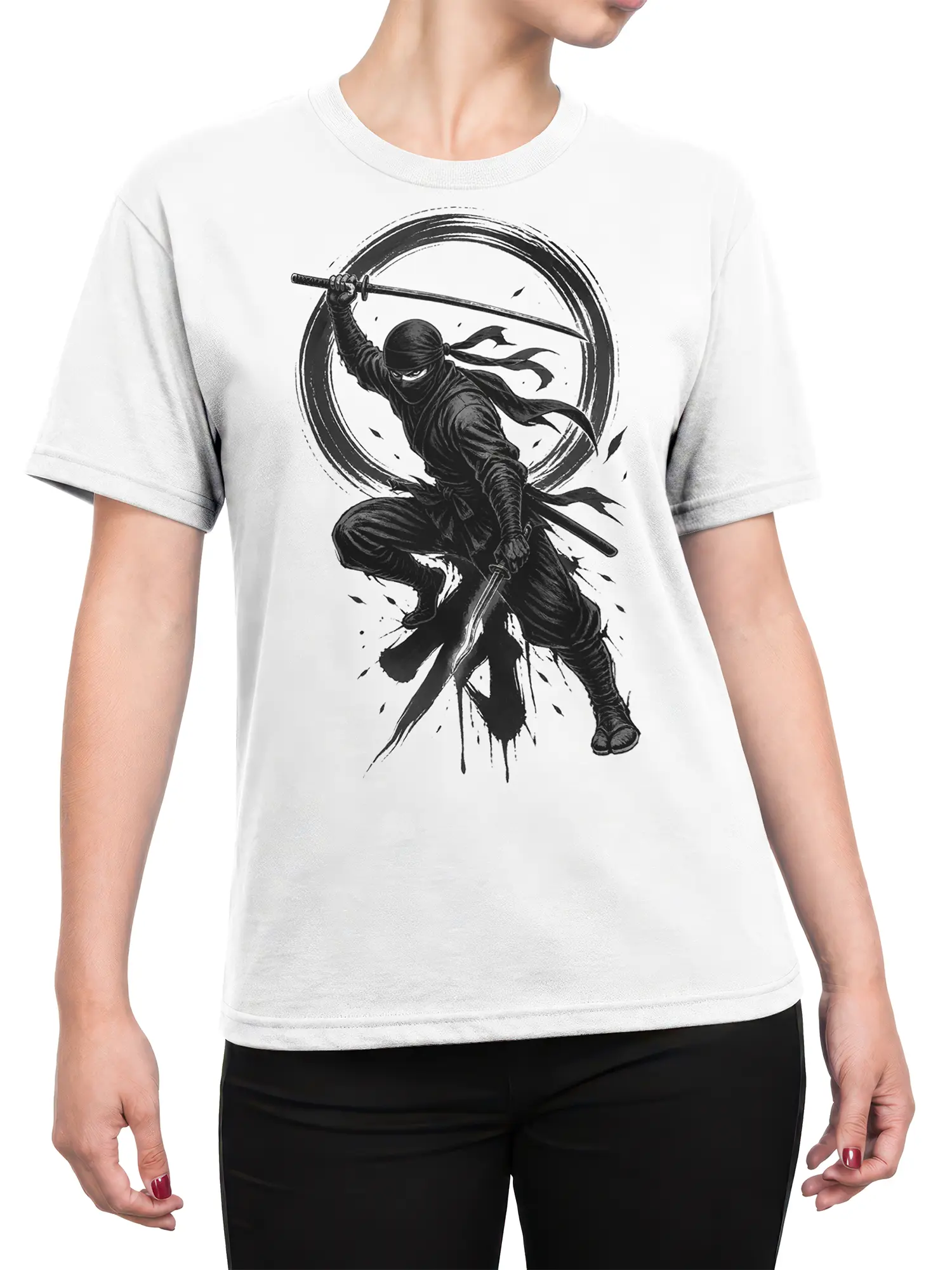 Female torso wearing a white T-shirt with a dynamic masked ninja and twin sword design