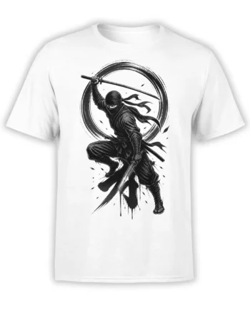Masked ninja with two swords in a dynamic black ink design on a white T-shirt