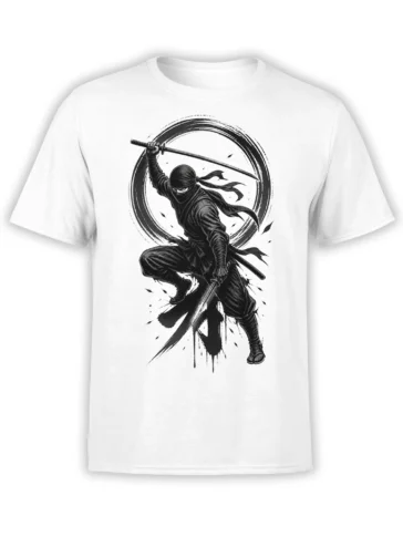 Masked ninja with two swords in a dynamic black ink design on a white T-shirt