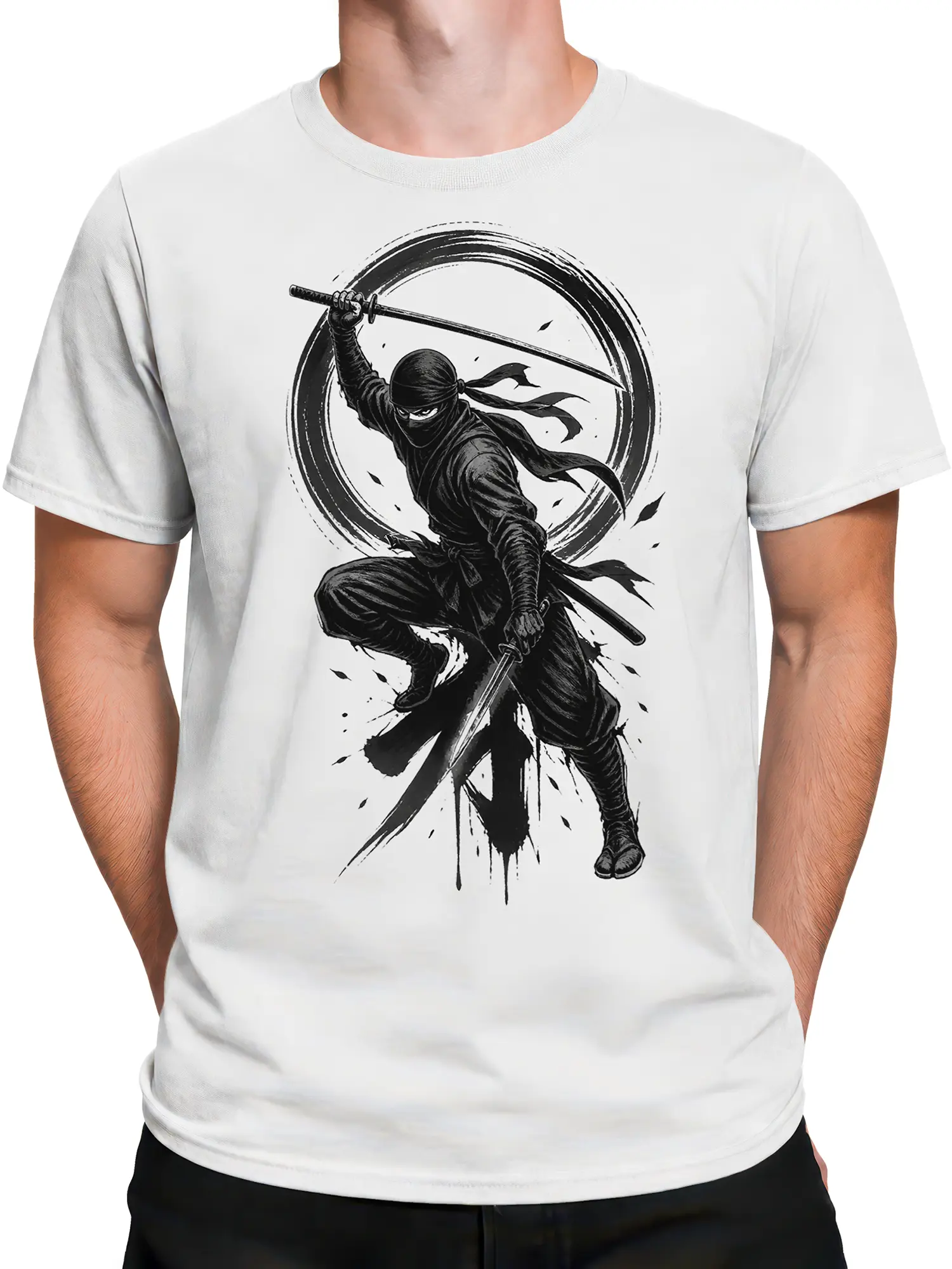 Male torso wearing a white T-shirt with a bold masked ninja sword illustration