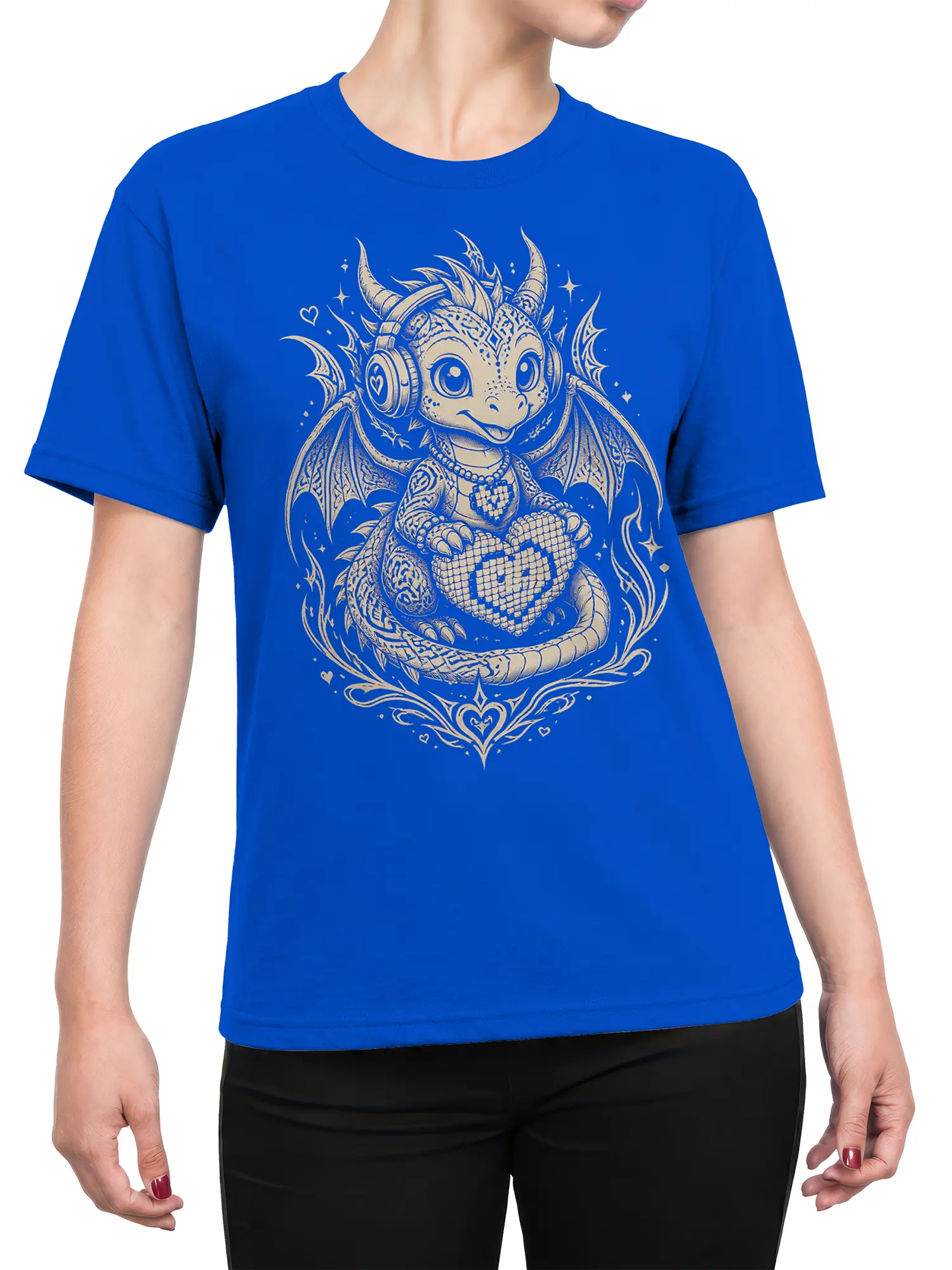 Female torso wearing a blue dragon T-shirt with a cream headphone dragon, wings, stars, and heart artwork