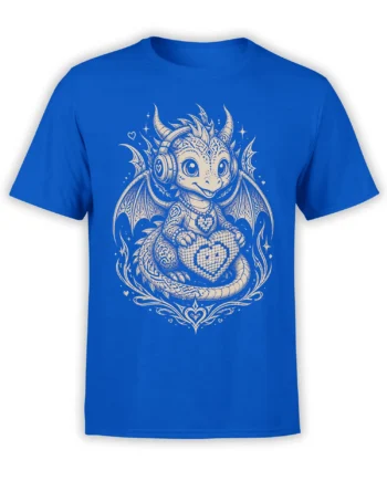 Blue T-shirt with a cream horned dragon wearing headphones and holding a heart among wings and stars