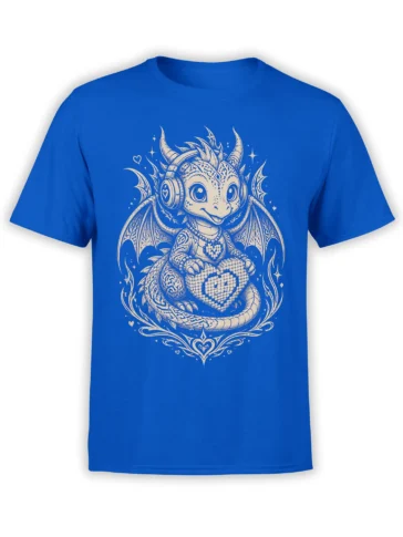 Blue T-shirt with a cream horned dragon wearing headphones and holding a heart among wings and stars
