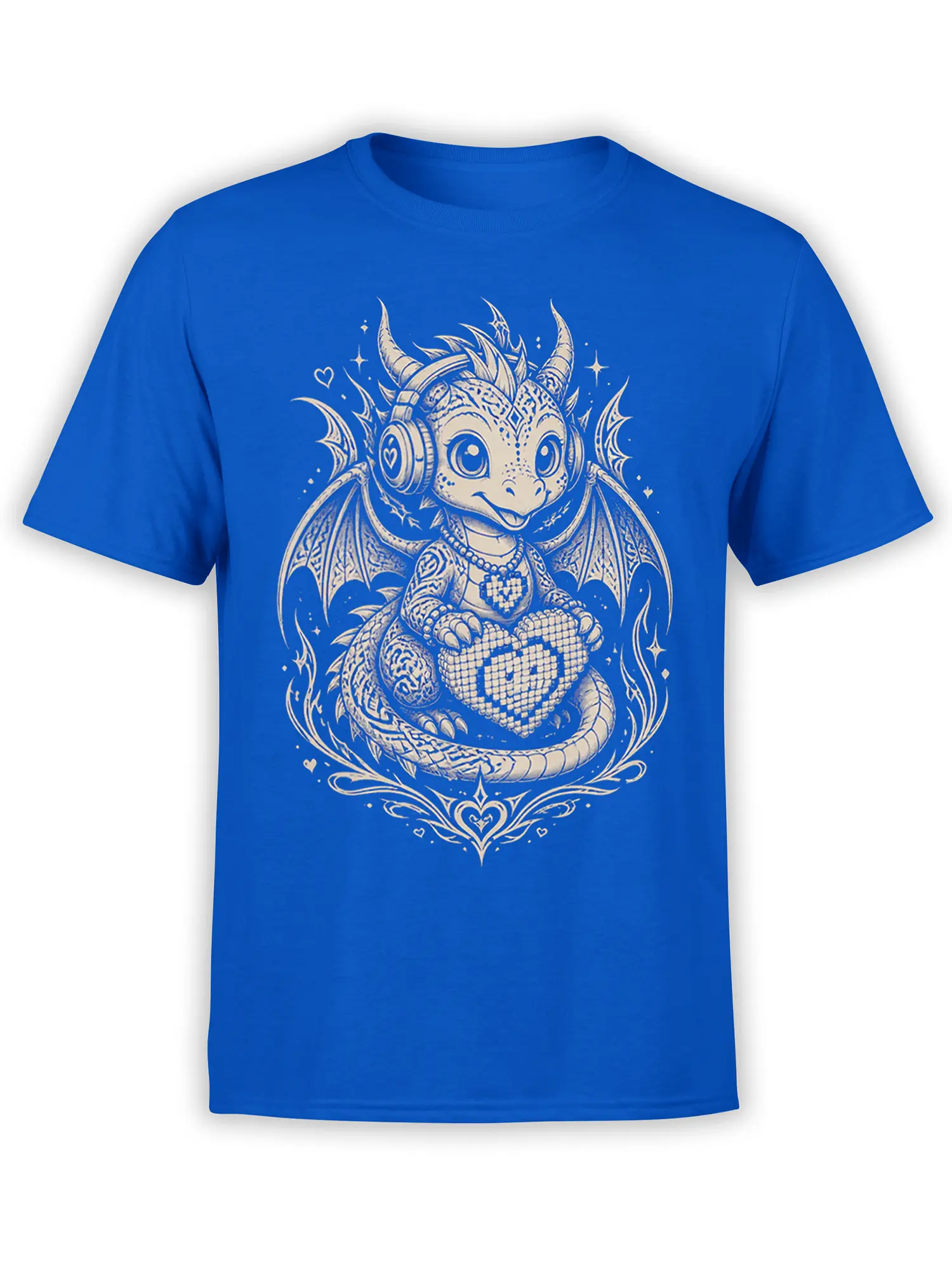 Blue T-shirt with a cream horned dragon wearing headphones and holding a heart among wings and stars