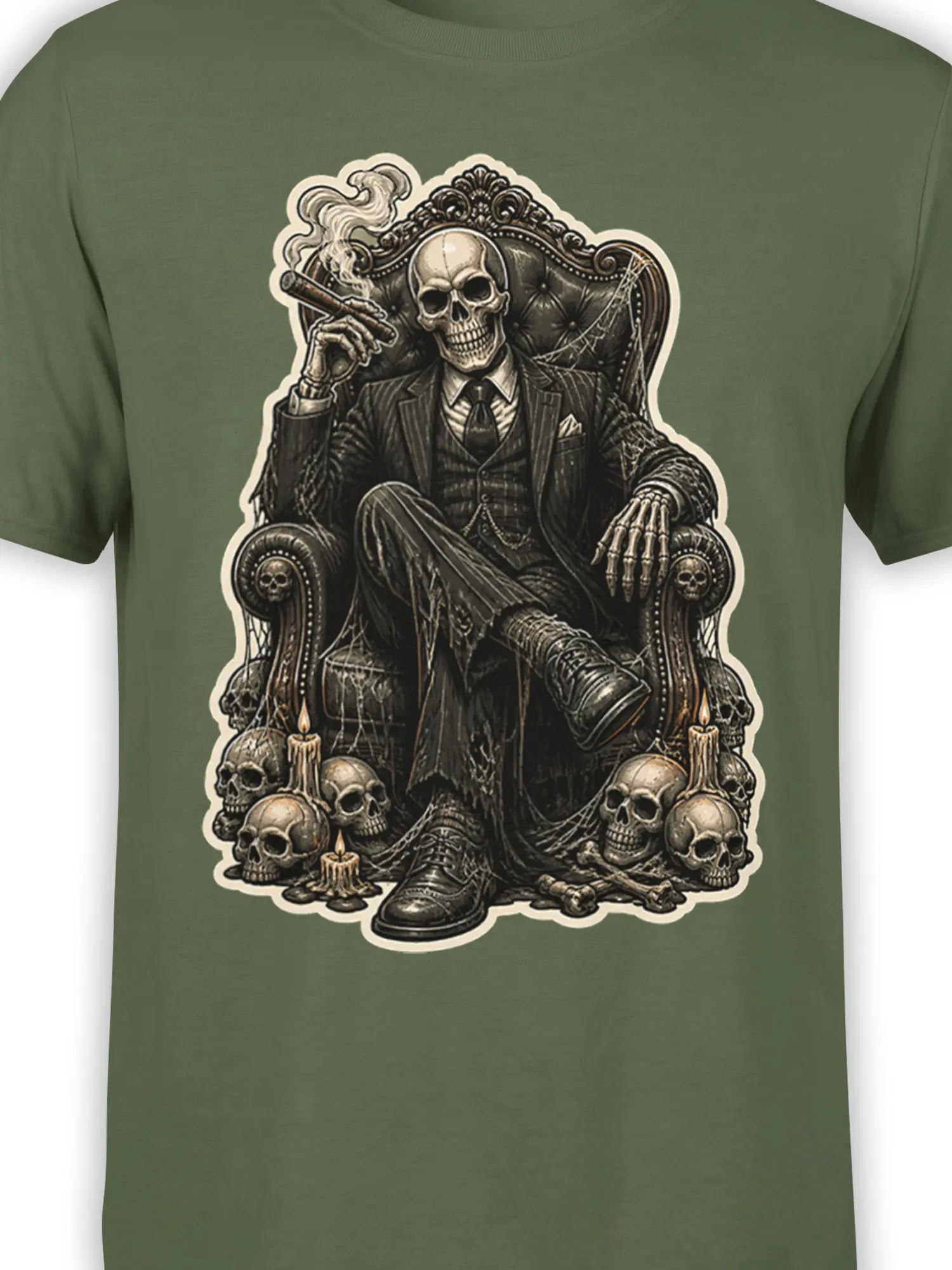 Close-up of skeleton in a suit seated on a throne with candles, skulls, and cobwebs on green fabric