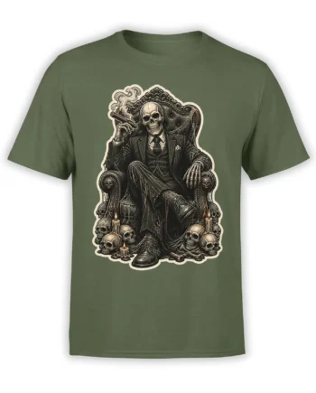 Green T-shirt with a detailed seated skeleton in a suit on an ornate skull-covered throne
