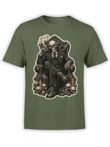 Green T-shirt with a detailed seated skeleton in a suit on an ornate skull-covered throne