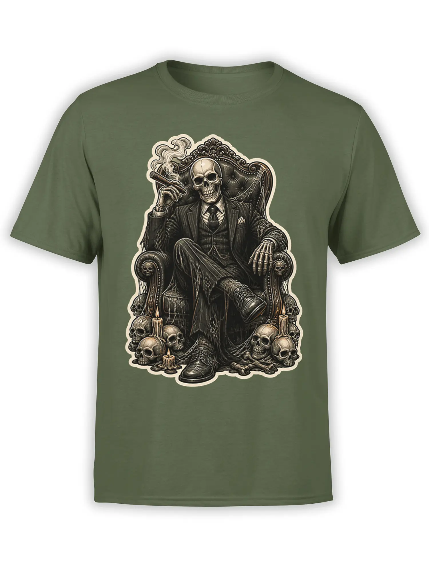 Green T-shirt with a detailed seated skeleton in a suit on an ornate skull-covered throne