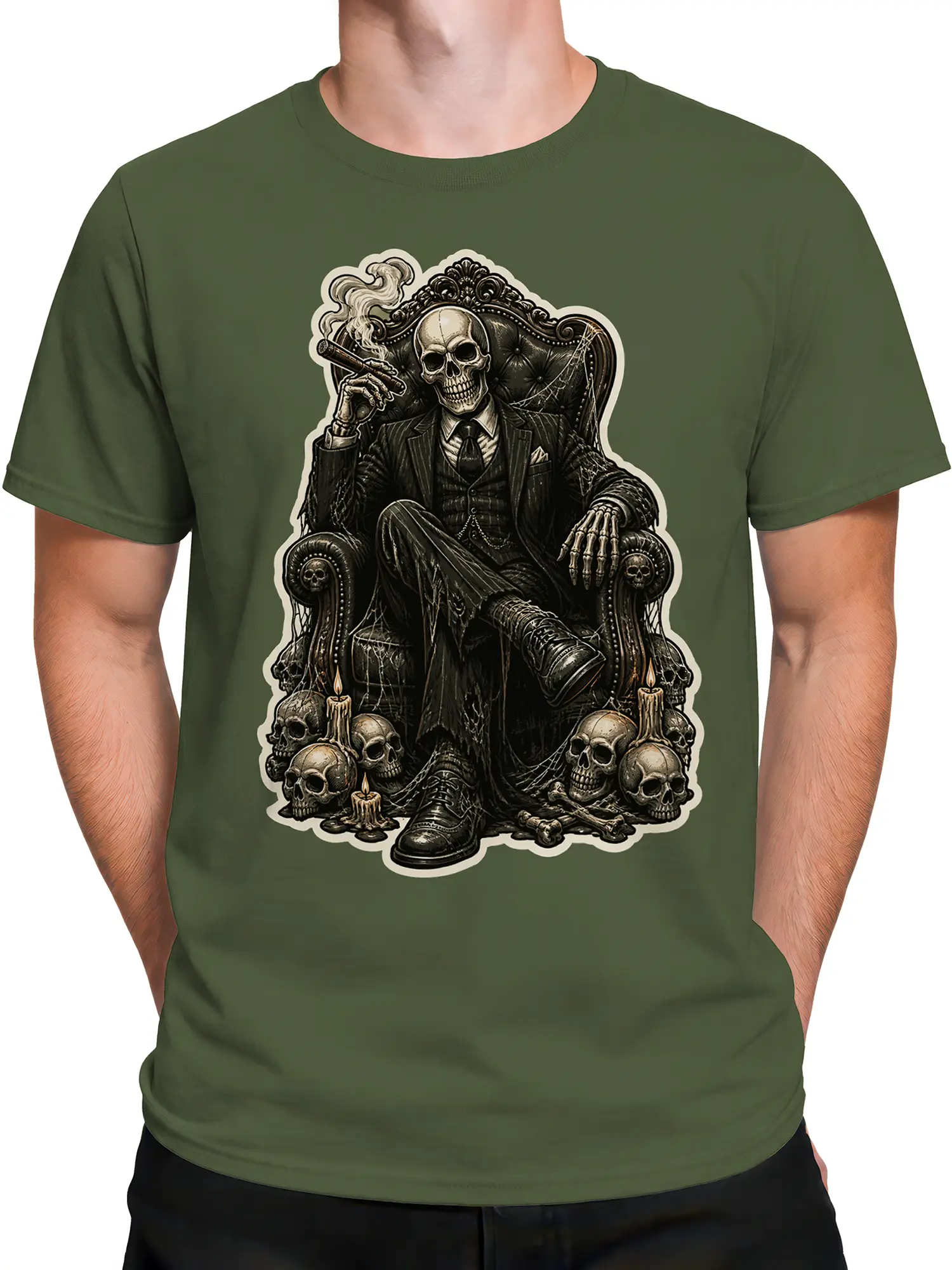 Male torso wearing a green T-shirt with a formal skeleton seated among skulls and candles