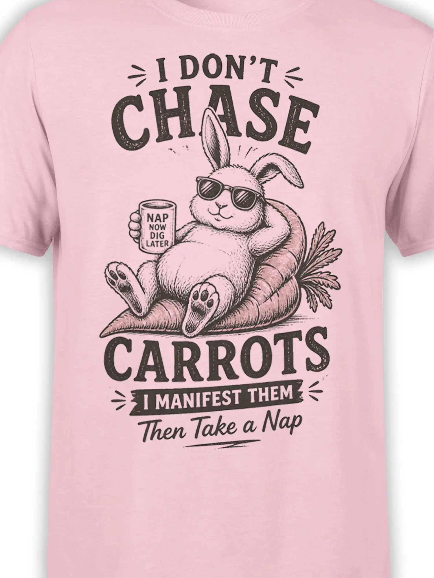 Close-up of rabbit in sunglasses, carrot pile, mug, and humorous nap message on pink fabric