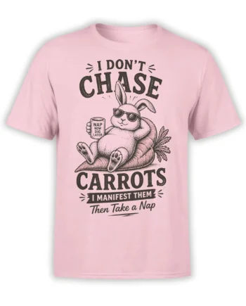 Pink shirt with a relaxed rabbit in sunglasses lounging on carrots and holding a nap-themed mug