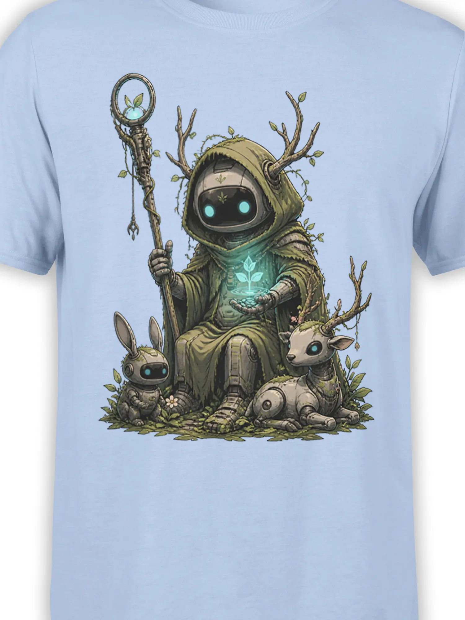 Detailed robot druid artwork with glowing eyes, antlers, staff, and robotic deer and rabbit on a light blue shirt
