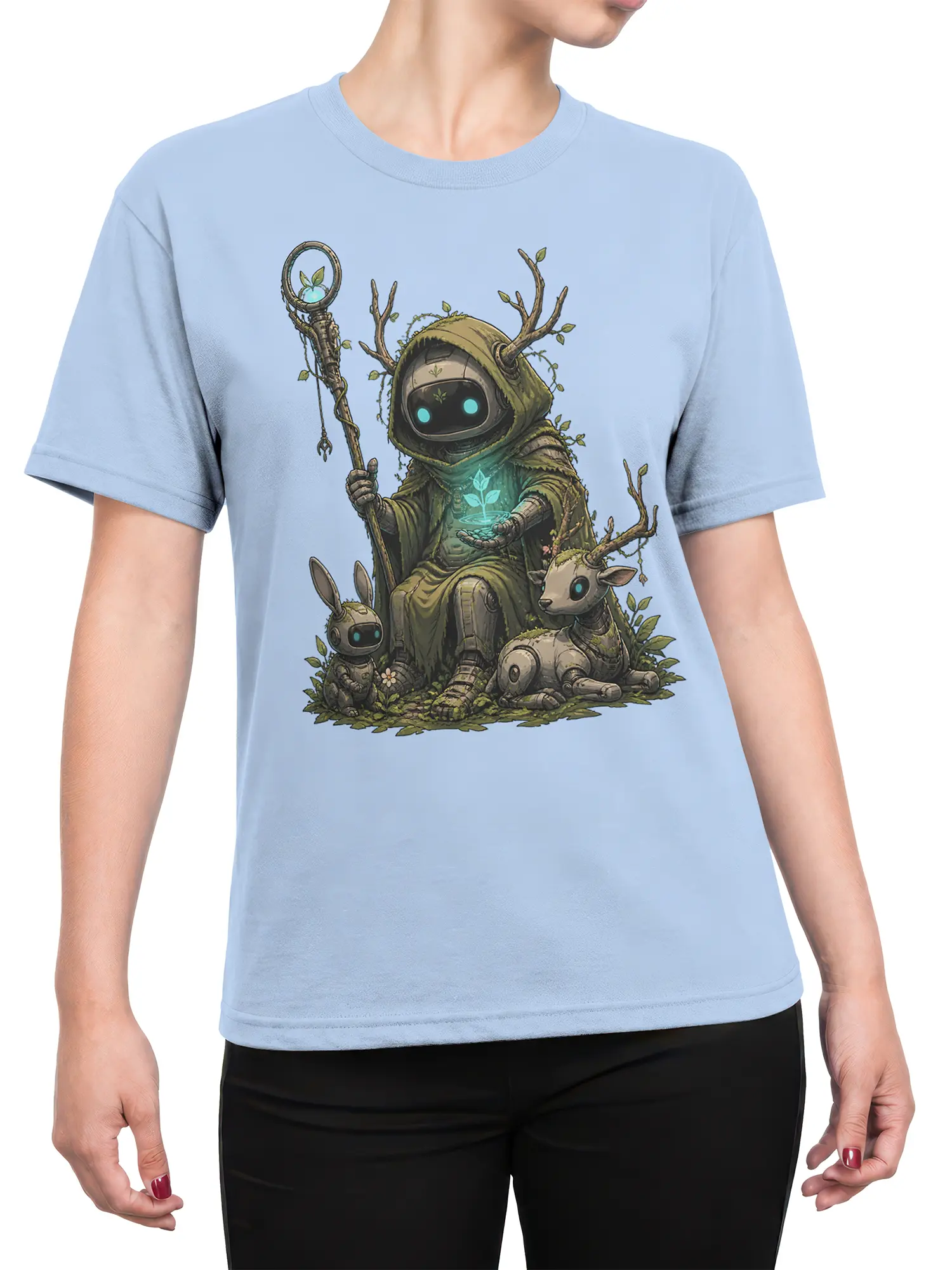 Female torso wearing a light blue T-shirt with a woodland robot druid and glowing forest fantasy artwork