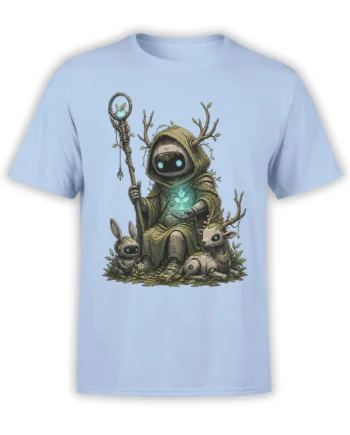 Woodland robot druid with antlers and glowing plant printed on a light blue fantasy T-shirt