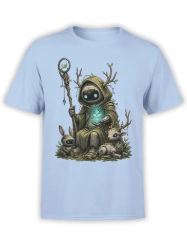 Woodland robot druid with antlers and glowing plant printed on a light blue fantasy T-shirt