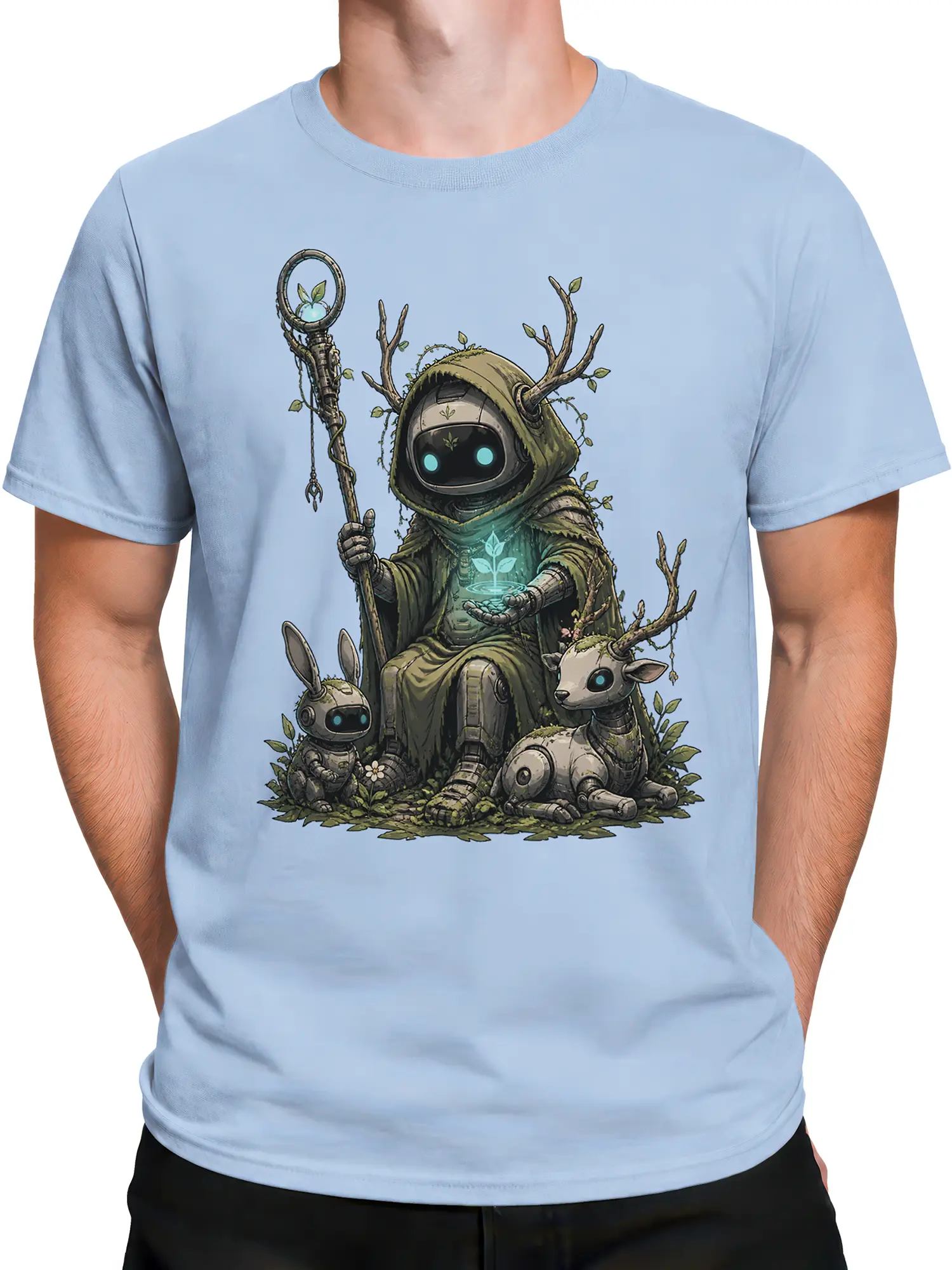 Male torso wearing a light blue fantasy T-shirt with an antlered robot druid and woodland companions