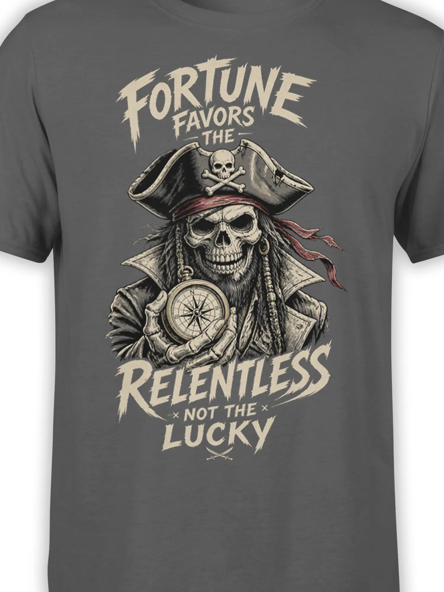 Close-up of grinning skeleton pirate with compass and bold Relentless lettering on gray fabric