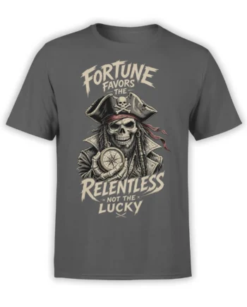 Gray pirate T-shirt with grinning skeleton captain, compass, and Fortune Favors the Relentless lettering