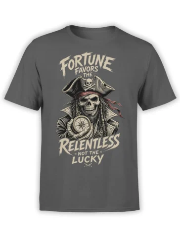 Gray pirate T-shirt with grinning skeleton captain, compass, and Fortune Favors the Relentless lettering
