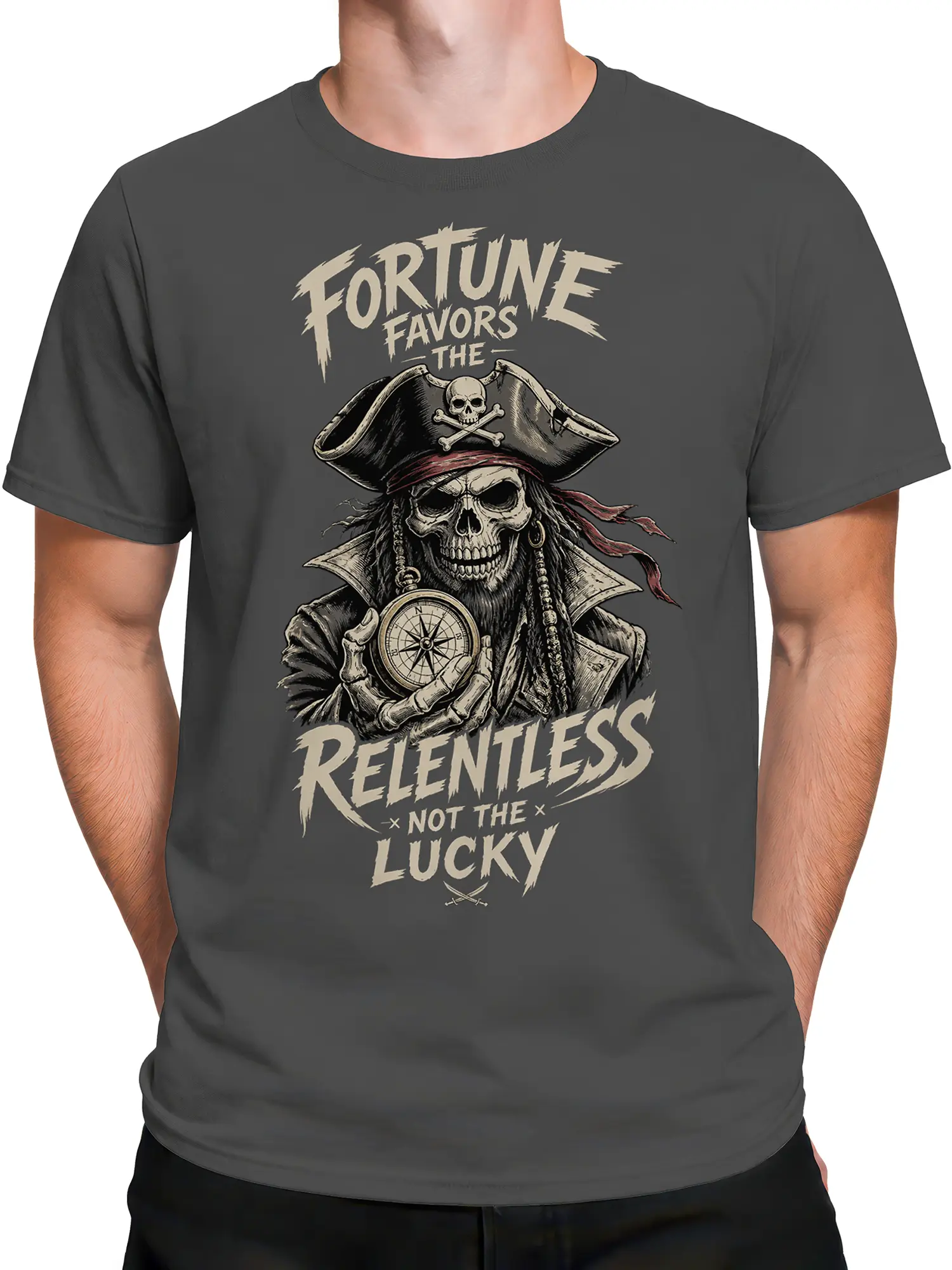 Male torso wearing gray pirate T-shirt with grinning skeleton captain and compass artwork