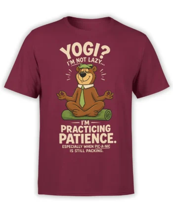 Brown cartoon bear meditating on a yoga mat with a funny picnic patience message on a burgundy T-shirt