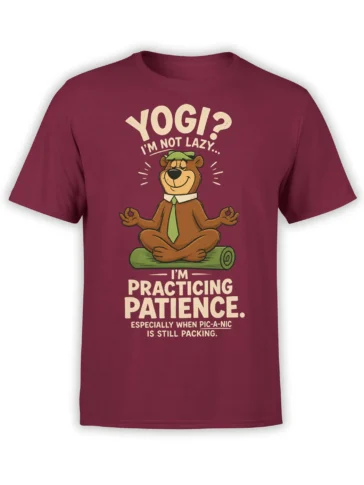 Brown cartoon bear meditating on a yoga mat with a funny picnic patience message on a burgundy T-shirt