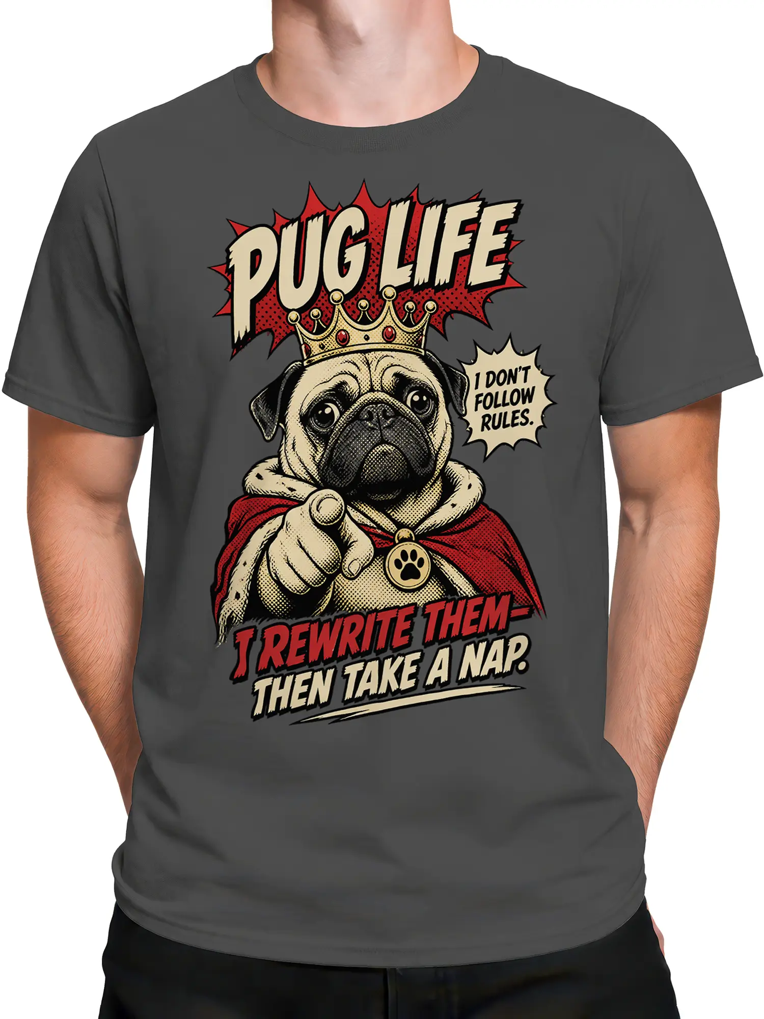 Male torso wearing a gray crowned pug T-shirt with red cape and vintage dog graphic