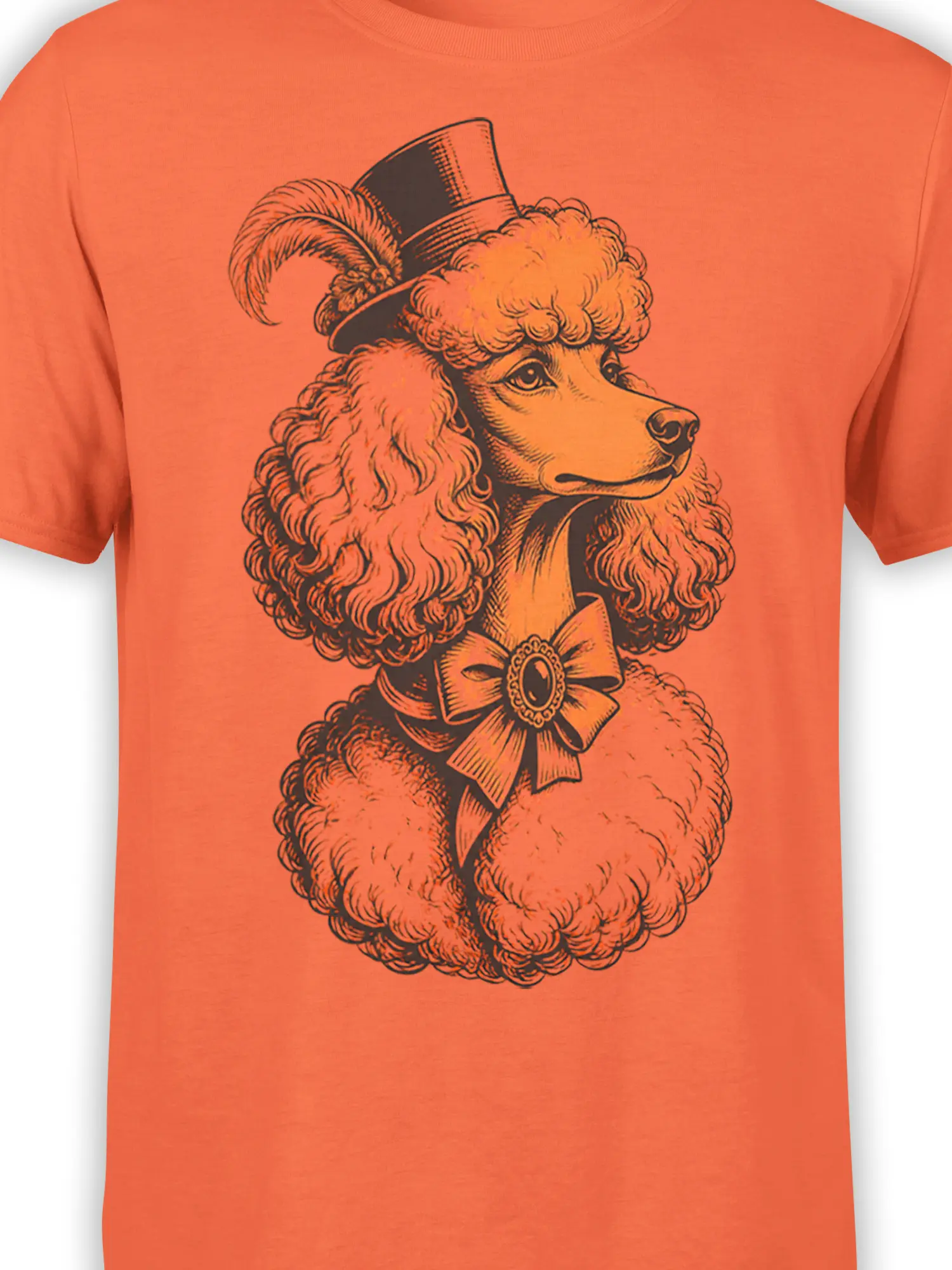 Close-up of the top hat, curly poodle coat, and bow tie on a coral T-shirt