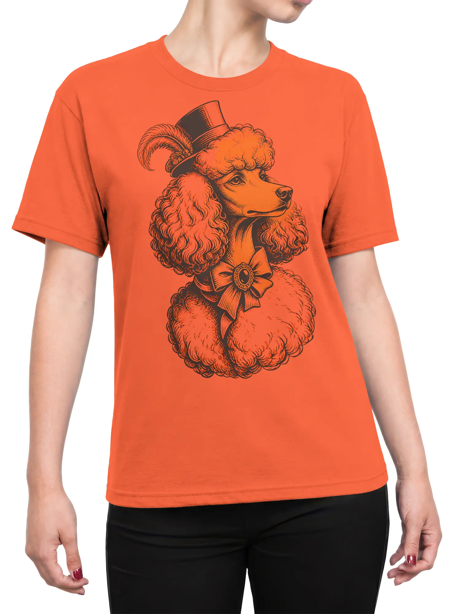 Female torso wearing a coral T-shirt with a dapper poodle in a top hat and bow tie