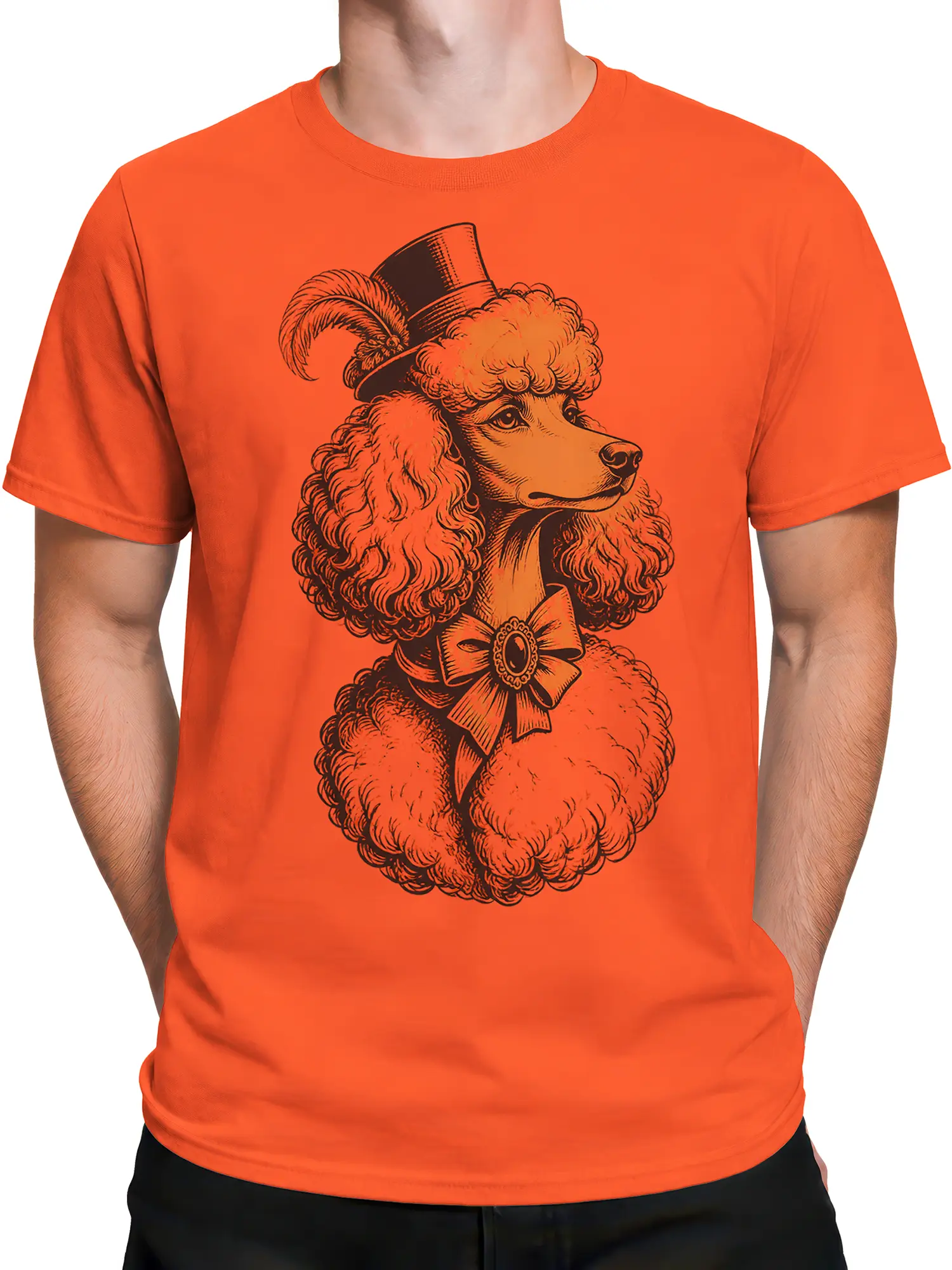 Male torso wearing a coral dog T-shirt with a vintage dapper poodle portrait