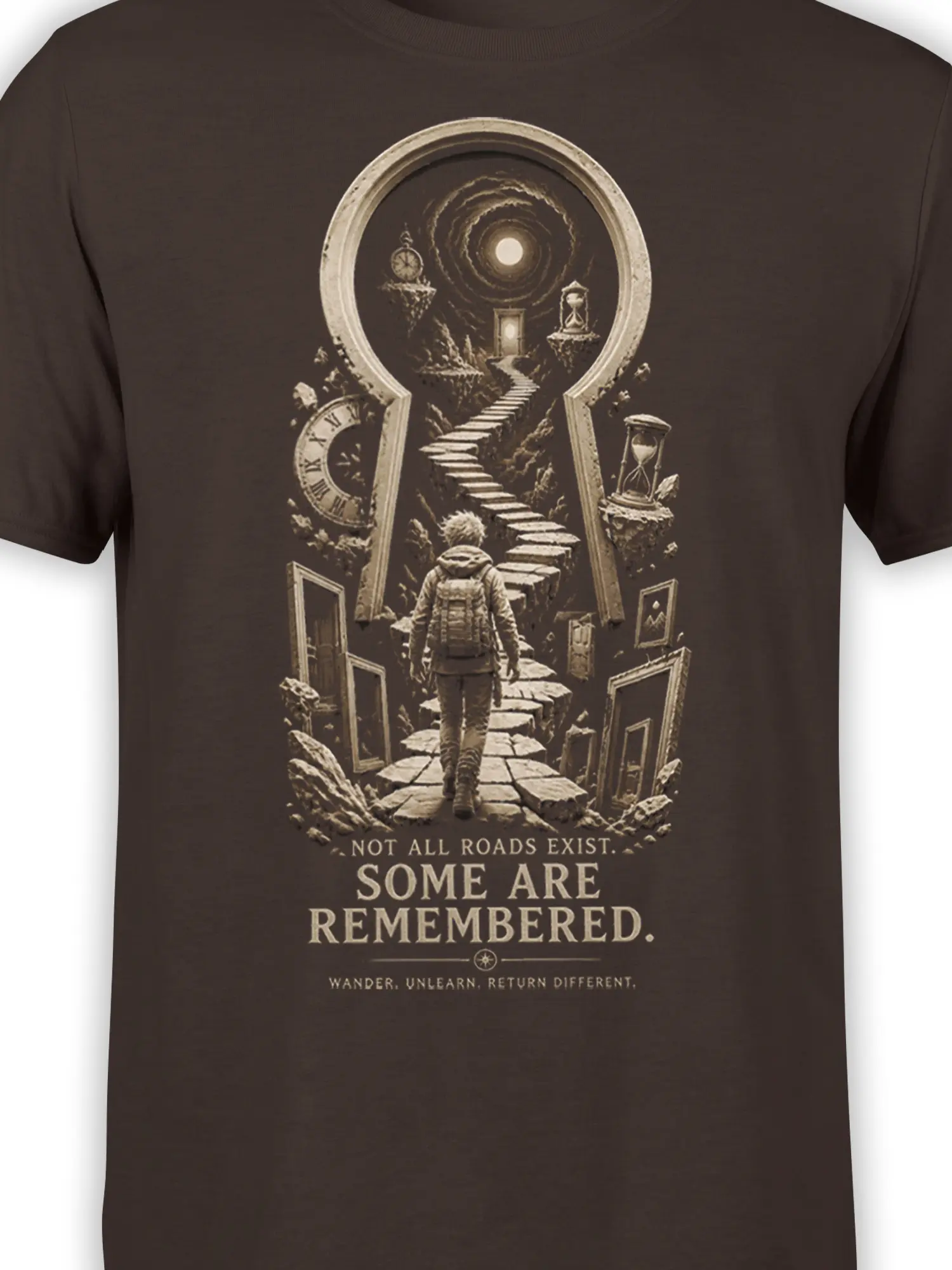 Close-up of the brown shirt design showing a lone traveler, broken stone path, floating doors, and clock details
