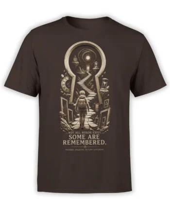Brown fantasy t-shirt with a traveler walking toward floating doors, clocks, hourglasses, and a glowing circular sky