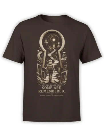 Brown fantasy t-shirt with a traveler walking toward floating doors, clocks, hourglasses, and a glowing circular sky