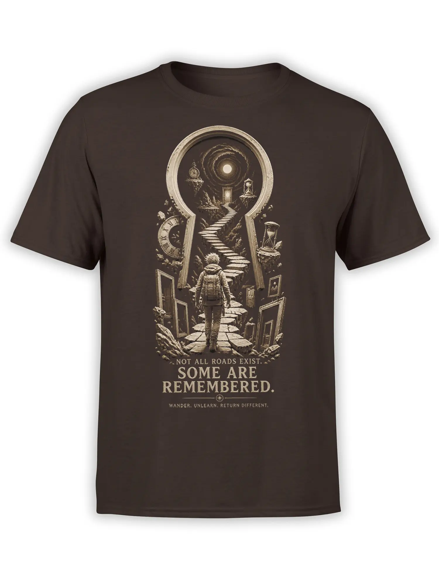 Brown fantasy t-shirt with a traveler walking toward floating doors, clocks, hourglasses, and a glowing circular sky