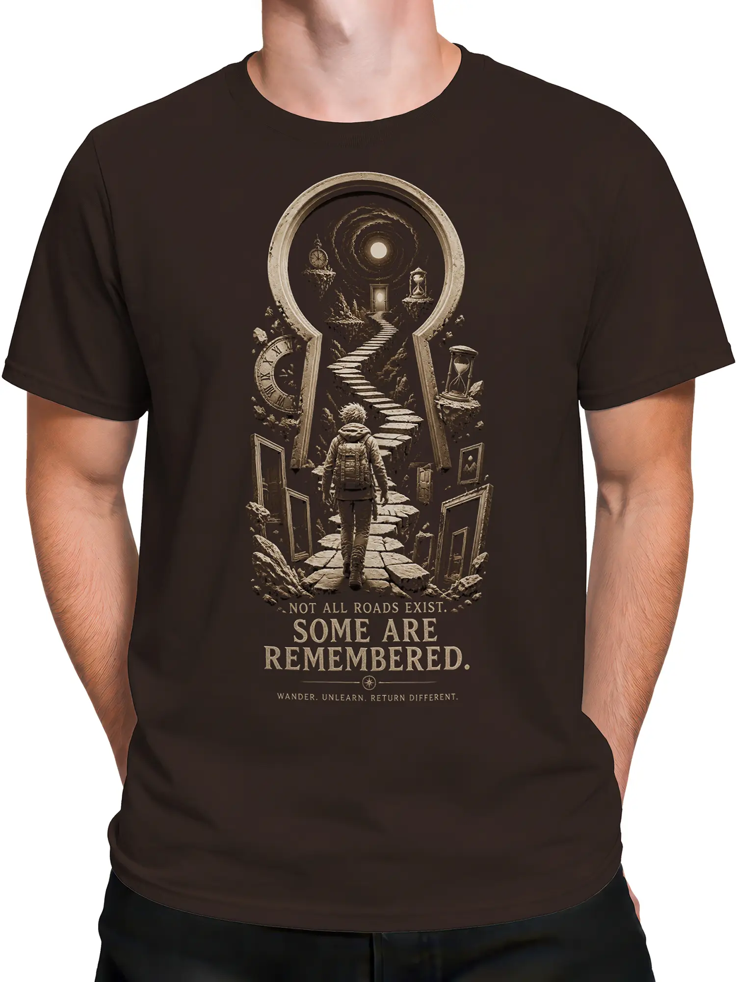 Male torso wearing a brown fantasy t-shirt with a lone traveler, floating doors, clocks, and a mysterious winding path