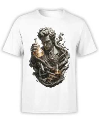 Vintage scientist holding a glowing flask with DNA, atom, microscope, and books on a white T-shirt